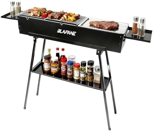 Charcoal Grill, Portable Outdoor BBQ Grill with Flat Griddle Plate