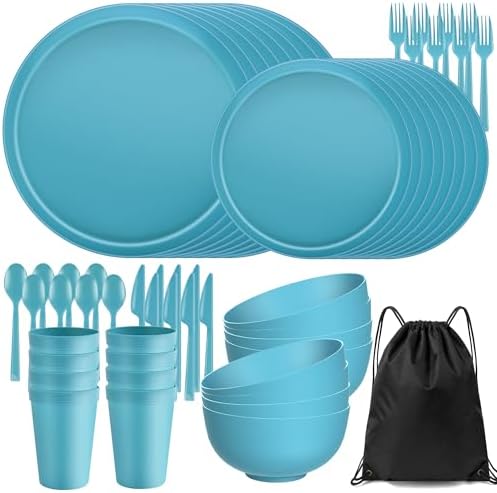 56 Piece Plates and Bowls Sets for 8, Unbreakable Dinnerware Set