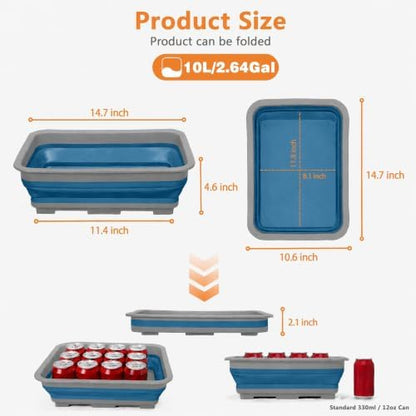 Goderewild Collapsible Dish Pan, 10L (2.6 Gal) Foldable Sink Tub, Blue