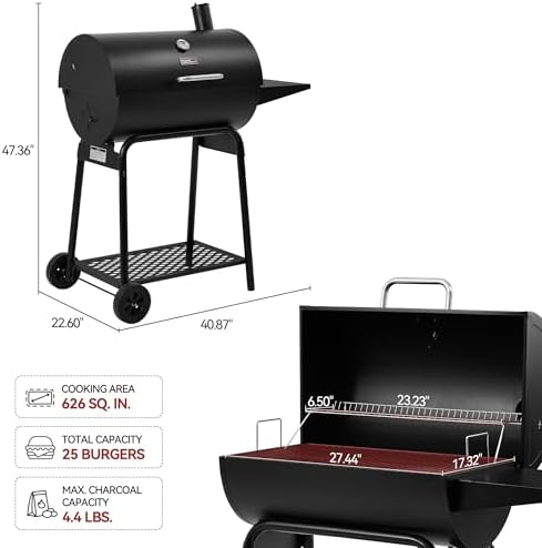 Royal Gourmet CC1830 28 Inch Barrel Charcoal Grill, Side Table