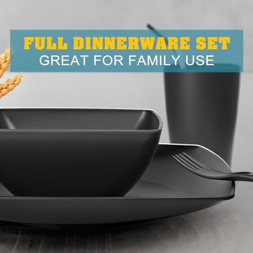 Teivio 84-piece With Flatware Kitchen Plastic Wheat Straw Square Dinnerware Set for 12, Unbreakable Dinner Plates, Snack Bowls, Tumblers 13.5 oz,Stainless Steel Metal Straws,Dishwasher Safe, Black