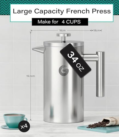 Coffee Gator French Press Coffee Maker 34 oz, Non-Toxic, Silver