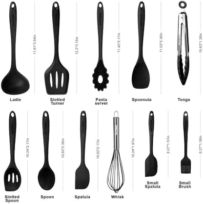 Kitchen Utensil Set - 11 Cooking Utensils - Colorful Silicone Kitchen Utensils - Nonstick Cookware with Spatula Set - Colored Best Kitchen Tools Kitchen Gadgets (Black)