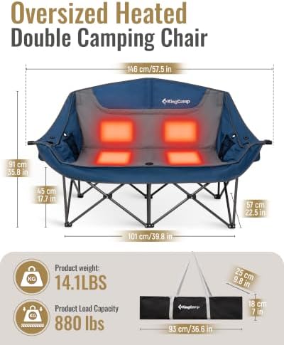 KingCamp Heated Double Camping Chair, Oversized 880lbs Heavy Duty Loveseat for Adults Portable Folding XL 2 Person Couch Padded Comfortable with 3 Heat Levels for Outdoor Sports Lawn, Blue/Grey