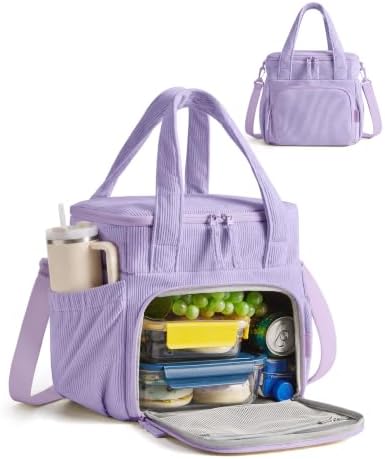 BAGSMART Corduroy Large Lunch Bag Women 14L Double Deck Insulated Lunch Box