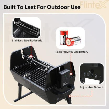 Flintex Portable Charcoal Grill, Dual Zone Rotisserie & Grill, Grill & Bag