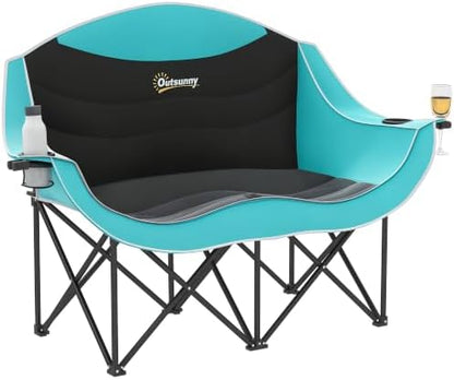 Outsunny Double Camping Chair for Adults, Padded Folding Camp Chair for 2 Person with Armrest, Wine Glass Holder, Cup Holder, Carry Bag for Outdoor Sports, Picnics, Supports up to 552 lbs.