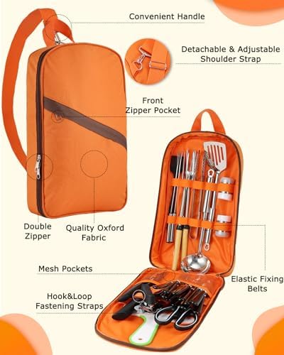 Hozzen Camping Cooking Set - Camping Utensil Set Car Camping Cooking Essentials Gear for Camp Kitchen Cooking and Grilling, Stainless Steel & Silicone Ideal Gift for RV Tent Camper, Picnics, BBQs