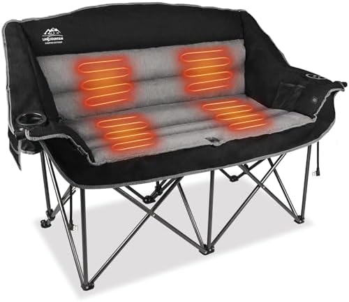 Heated Double Camping Chairs,3 Heat Levels Padded Portable Loveseat w/Wine Glass Holder,Cup Holder,Heating Outdoor Camp Couch Support 600 Lbs,Black,Battery NOT Included