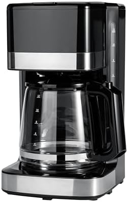 Amazon Basics 12 Cup Drip Coffee Maker with Glass Carafe (1.9 Qt), Auto Shut-off, Auto Pause, Removable Filter Basket, Black & Silver