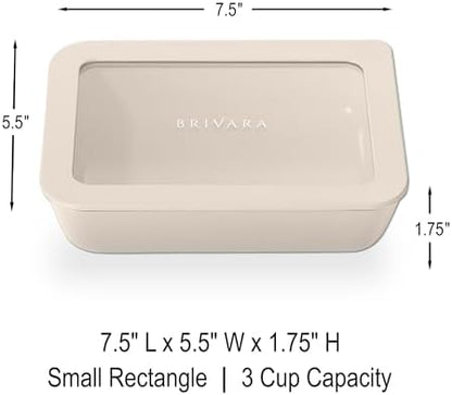 Glass Food Storage Container with Lid, 3-Cup Small Rectangle | Microwave-Safe Airtight Lid, Oven-Safe Ceramic-Coated Glass | Zero Plastic, No PFAS/PFOA/BPA, Reusable [Crema]
