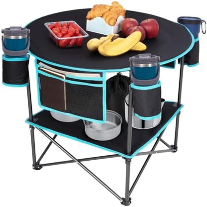 FUNDANGO Portable Folding Camping Table with 4 Cup Holders, 2-Tier