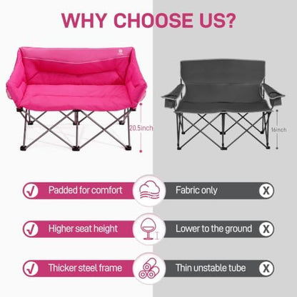 EVER ADVANCED Double Padded Camping Chair for Adults,Portable Couch, Two Person Heavy Duty Outdoor Chair, 600lbs, Pink