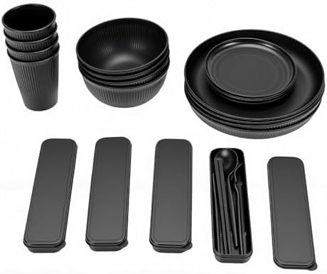 POCREATION Dinnerware Set Service for 4 Microwave Safe Dishwasher Safe Plates Bowls Set Reusable PP Cutlery for Travel Camping Picnics