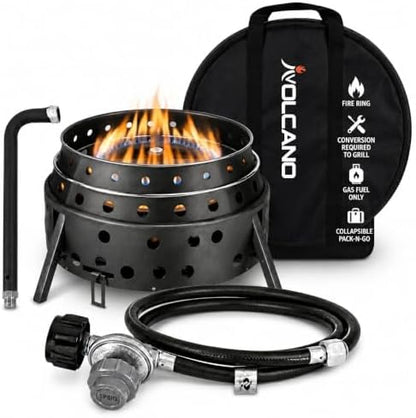 Volcano 2 Collapsible Grill Bundle, Portable Charcoal/Wood Grill Stove with Burner Ring Accessory, Folding Steel Camp Cooker, Carry Case Included for Camping, Tailgating & Outdoor Cooking