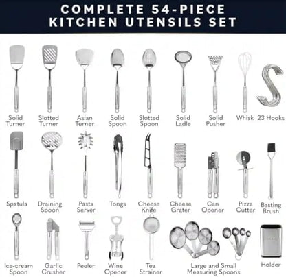Home Hero 54-Piece Stainless Steel Kitchen Utensils Set - Heat-Resistant Nonstick Silicone & Stainless Steel Cooking Utensils - Complete Tools with Slotted Spoon & Pasta Spoon - Pack of 54, Silver