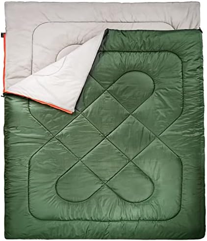 Amazon Basics Double Sleeping Bag for Adults, 40°F Cold Weather Two-Person Camping Bag, Queen Size 87" x 59", Olive Green