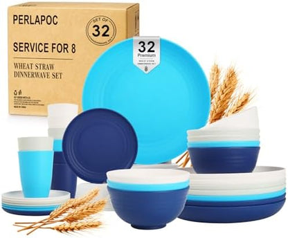 Wheat Straw Dinnerware Sets of 32, Unbreakable Plates and Bowls Sets Service for 8, Dinner Plate/Dessert Plate/Bowl/Cup, for Outdoor Camping RV Apartment Essentials - Island Color