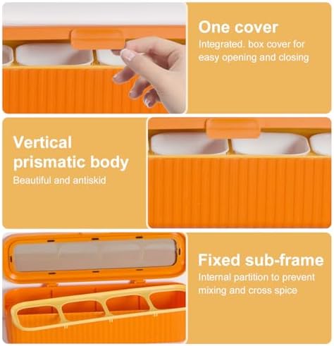 Clear Seasoning Box, 4 Packs Seasoning Rack Spice Pots, Condiment Jars Seasoning Box with Clear Covers and Spoons for Spice, Sugar, Salt, Pepper, Garlic Powder (Orange)