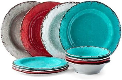 LEHAHA Rustic Melamine Dinnerware Set, 12 Piece Plate and Bowls Set for 4