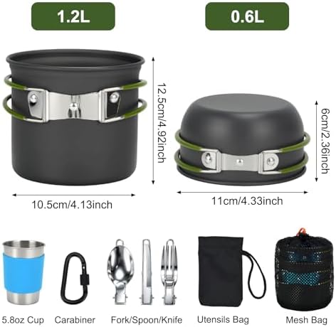 Camping Backpacking Cooking Set, 8pcs Camping Mess Kit Cookware Pot and 170ML Stainless Steel Cup & Fork Spoon Backpacking Cookware Set for Camping Hiking Picnic Outdoor Cooking