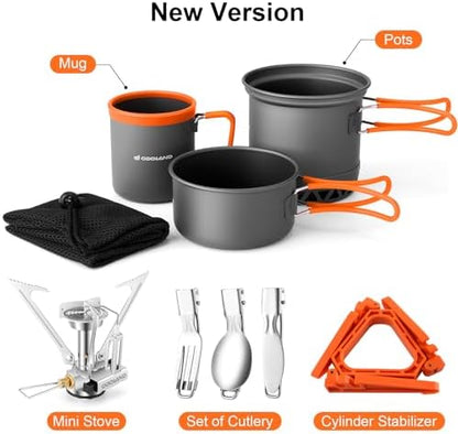 Odoland Camping Pots with Heat Exchanger Camping Cooking Set with Portable Camping Stove Camping Mess Kit Include Mug, Folding Utensil Set, Canister Stabilizer for Backpacking Outdoor Hiking & Picnic