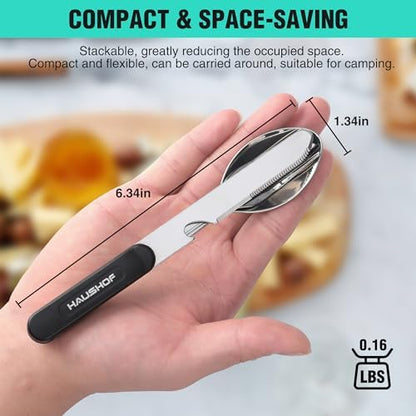 HAUSHOF 4-in-1 Camping Utensil, Stainless Steel Travel Utensil Set with Bag
