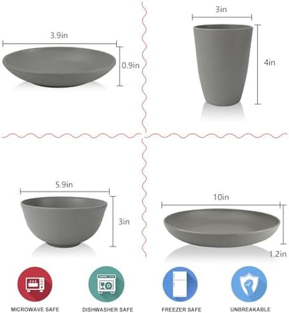 Wrova Wheat straw plates and bowls sets of 16 - Unbreakable wheat straw dinnerware sets for party - Alternative plastic dinnerware set for camping,party and R.V. Grey