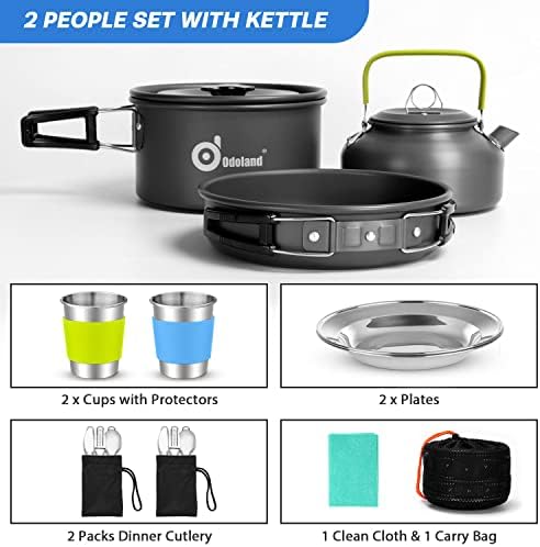 Odoland 15pcs Camping Cookware Mess Kit, Lightweight Pot Pan Kettle Set