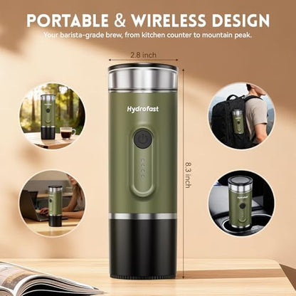 PO100 Portable Electric Espresso Machine, Self-Heating Travel Coffee Maker, Dual Use for Ground & Nespresso Capsules, Portable Coffee Brewer for Camping Car Office