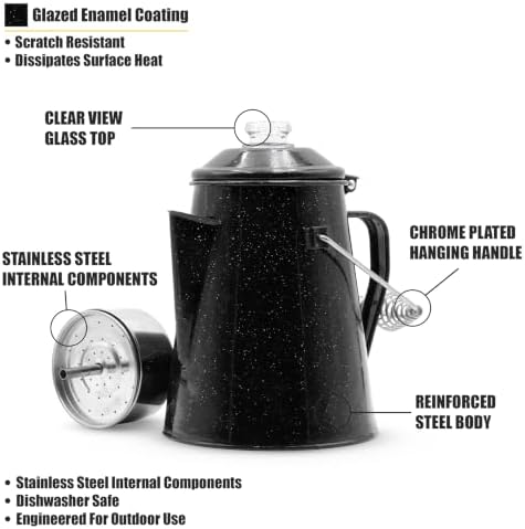 WILD Deluxe Camping Percolator Coffee Pot - Glazed Enamel Finish - Stainless Steel Internal Components - Hanging Handle - Clearview Glass Top - 10 Cups