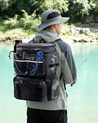 HXLGMD Fishing Backpack with Rod Holders, Double Layer Large Water-resistant Tackle Bag Store Gear with Cooler, Khaki