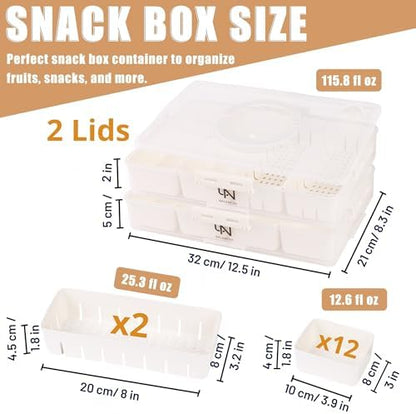 Stackable Snackle Box Container with 2 Lids, 14 Compartments - BPA-Free Snackle box Organizer, Dishwasher & Microwave Safe Reusable Snacklebox for Veggies, Fruits, Charcuterie, Snacks (White, 2 Pack)