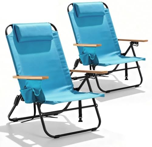 2 Pack Premium 5-Position Reclining Camping Chair - Portable Folding Lightweight Outdoor Chair with Wooden Armrests, Headrest & Pockets, 350lbs Heavy Duty for Beach, Patio, Backyard, Blue