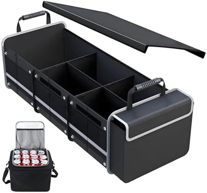 Car Trunk Organizer with Cooler Bag, Collapsible Multi-Compartment Storage Organizer for SUV Truck (Black)