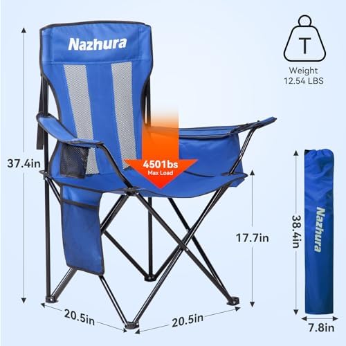 Nazhura 4 Pack Outdoor Camping Chairs Folding/Foldable/Portable with Cooler Pouch, Mesh Backrest and Cup Holder Pocket (Blue, Metal, 4 Pack)