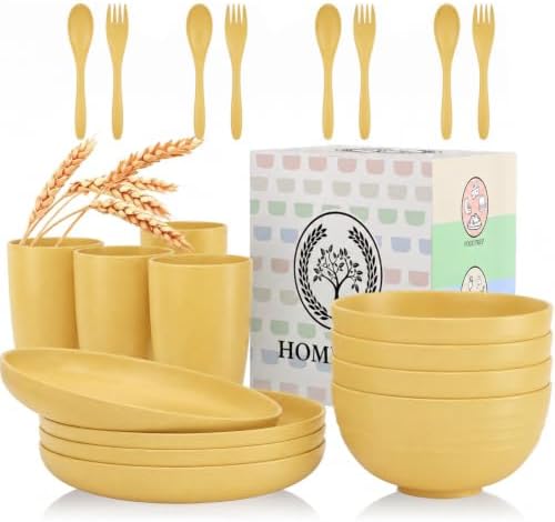 Wheat Straw Dinnerware Sets, Homienly 20pcs Unbreakable Microwave Dishwasher Safe Tableware Lightweight Bowls, Cups, Plates Set Reusable Dinner Plates Bowls set (Yellow)