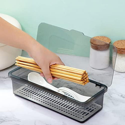 Flatware Tray Kitchen Drawer Organizer With Lid And Drainer - Plastic Kitchen Cutlery Tray and Utensil Storage Container with Cover - Dinnerware Holder for Spoons Forks Knives 10.0x4.3x2.8