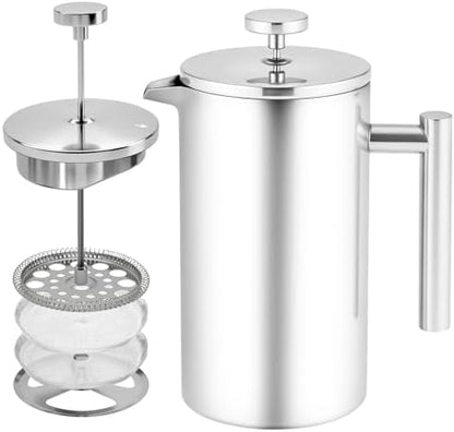French Press Coffee Maker, 304 Grade Stainless Steel French Press with 2 Extra Filters for Home, Office, Travel, Camping - 34OZ/1 Litre (Sliver)