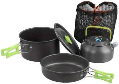 Portable Camping Cookware Set- Lightweight Aluminum Pot, Pan & Kettle with Foldable Handles for Backpacking, Hiking & Outdoor Cooking - Non-Stick, Space-Saving for 2-3 People