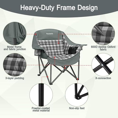 Youtanic Oversized Large Padded Camping Chair, 400 lbs Foldable Lawn Chair