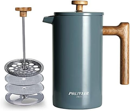 POLIVIAR French Press Coffee Maker, 34 oz Coffee Press with Real Wood Handle, Double Wall Insulation & Dual-Filter Screen, Food Grade Stainless Steel for Good Coffee and Tea (Alpline)