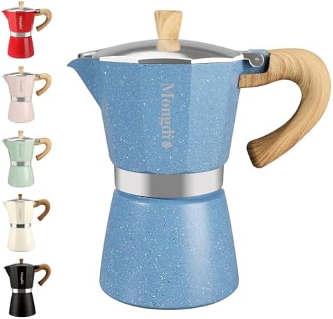 Mongdio Stovetop Espresso Maker Moka Pot, Cuban Coffee Maker Stove top coffee maker Moka Italian Espresso Greca Coffee Maker Brewer Percolator, 6 Espresso Cups, 10 oz - Blue