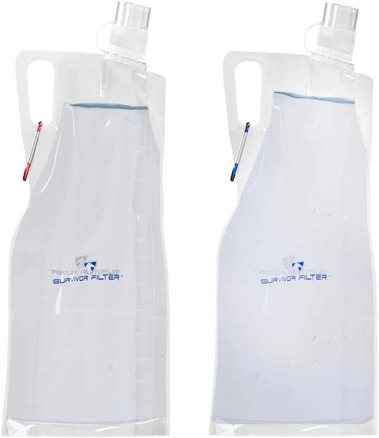 Survivor Filter Clear Collapsible Water Bottles - Travel, Hiking, Foldable, BPA-Free - 2 x