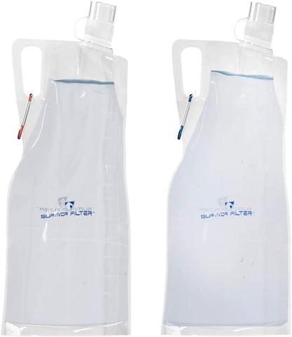 Survivor Filter Clear Collapsible Water Bottles - Travel, Hiking, Foldable, BPA-Free - 2 x
