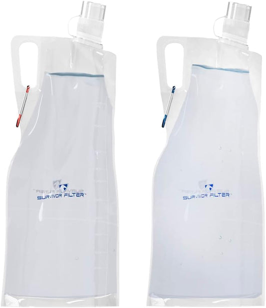 Survivor Filter Clear Collapsible Water Bottles - Travel, Hiking, Foldable, BPA-Free - 2 x