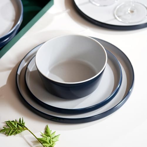 Melamine Dinnerware Sets,Plate and Bowl Set for 4,Navy Blue,Gray