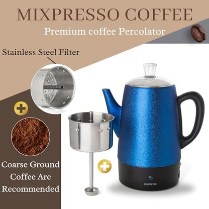 Mixpresso 10 Cup Shiny Blue Electric Percolator Coffee Pot, Stainless Steel