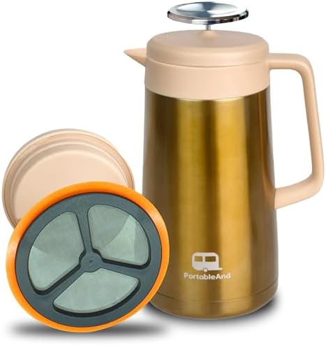 PortableAnd 34oz Double Vacuum Insulation Large Silicone French Press Coffee Maker, Metal Stainless Steel, Matte Black, Perfect for Camping, Travel, and At-Home Use (Light Gold)