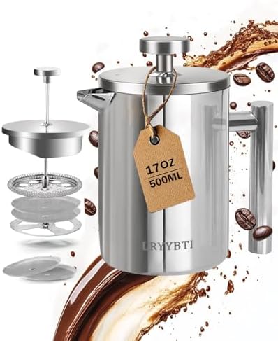 French Press Coffee Maker, Stainless Steel, Silver, 17 OZ